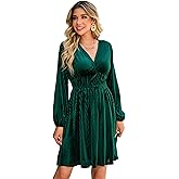 R.Vivimos Womens Fall Winter Velvet Striped Mini Dress 2026 Long Sleeve V Neck Elastic High Waist Elegant Casual A-Line Dress
