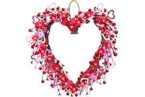 TURNMEON Valentine's Day Wreath Decoration with 20 Red LED Lights Timer Wood Hearts, Battery Operated 16 Inch Valentines Door Wreath for Front Door Decor Outdoor Indoor Home Wedding Anniversary