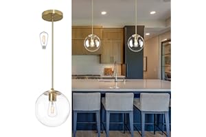 Bagood 10 Inch Globe Pendant Light Gold Mid Century Pendant Light Adjustable Hanging Light Fixture Globe Pendant Lights Kitchen Island Clear Glass with Brass Finish for Dining Room