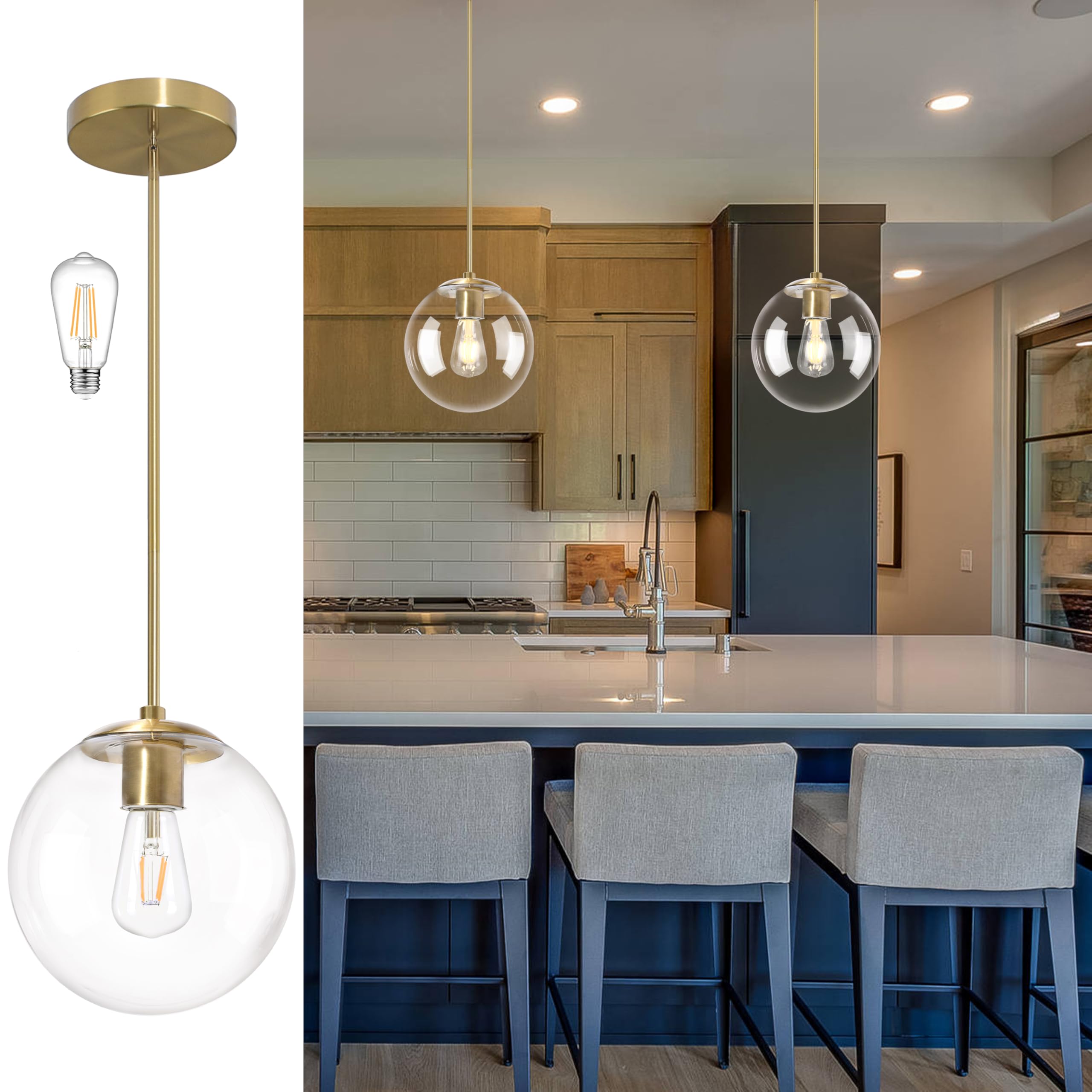 Photo 1 of ( 1 set only) Bagood 10 Inch Globe Pendant Light Gold Mid Century Pendant Light Adjustable Hanging Light Fixture Globe Pendant Lights Kitchen Island Clear Glass with Brass Finish for Dining Room