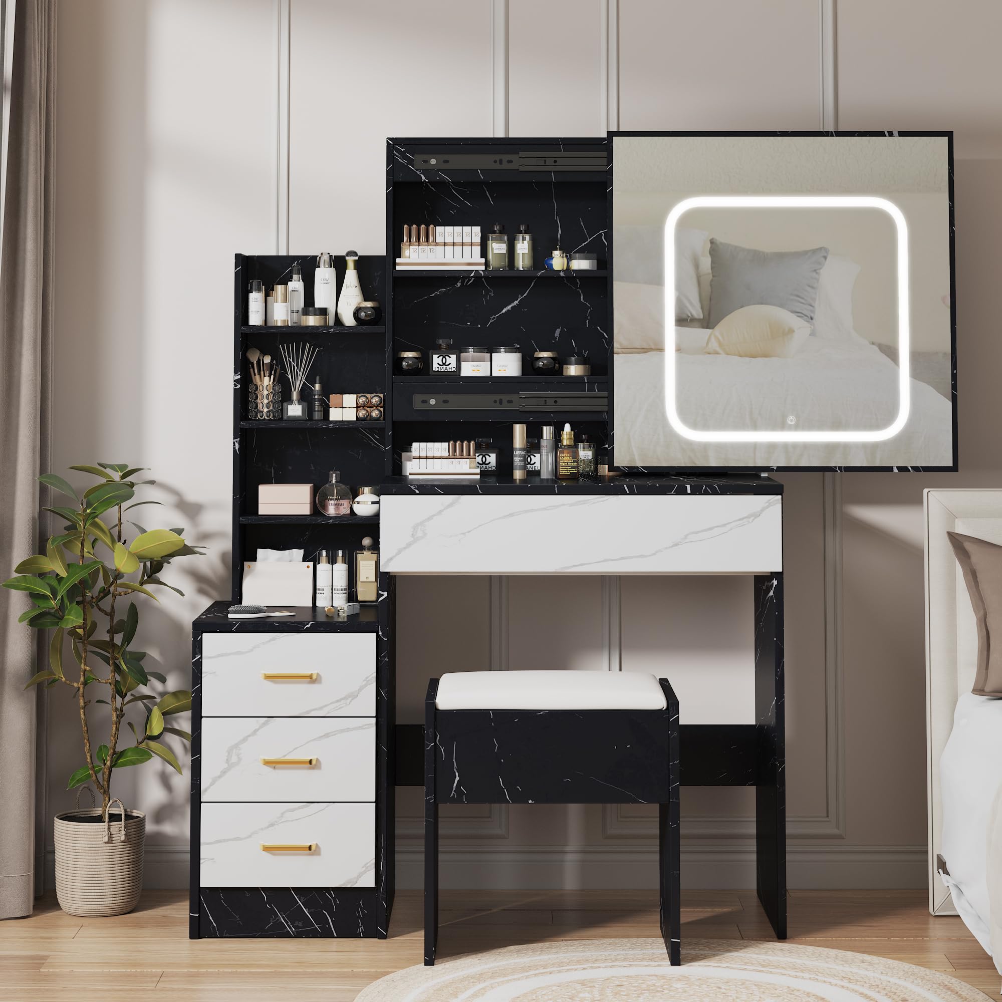 Photo 1 of **DIRT. DAMAGE TO CORNER**Vanity Desk With Sliding Mirror and LED Light, Makeup Vanity Set With Power Outlet, 3 Color Adjustable Light, Dressing Table With 4 Drawers, Storage Shelve & Stool for Bedroom, Marble-Black & White