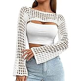 CAMNOW Womens Crochet Crop Tops Y2k Knit Shrug Sweater Hollow Out Long Sleeve Bikini See Through Cover Ups