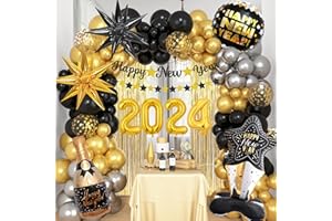Amandir 126Pcs New Years Decorations, Black and Gold Balloon Garland Kit 58''Foil Balloon 2024 Number Happy New Year Banner Starburst Champagne Balloons Fringe Backdrop for New Year Eve Party Supplies