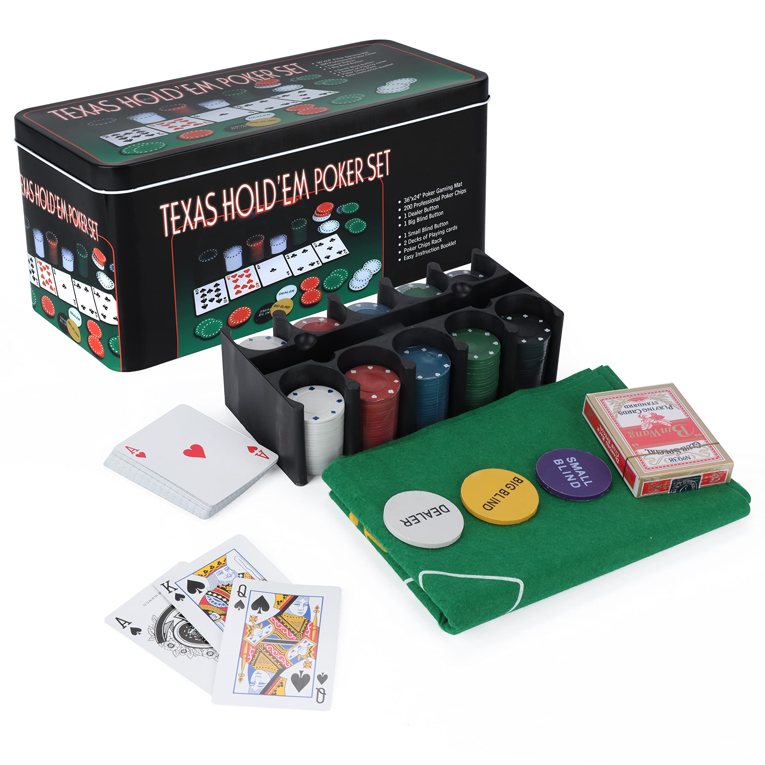 SILVER VALLEY 200 Piece Poker Set Casino Style Game Texas Hold'em Poker and Blackjack Game with Felt Double Side Mat, Chips, Chip Deck, Playing Cards and Metal Tin Gift Box