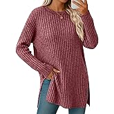 Velvelhall Oversized Sweaters for Women Lightweight Long Sleeve Crew Neck Ribbed Side Slit Loose Fall Top Pullover