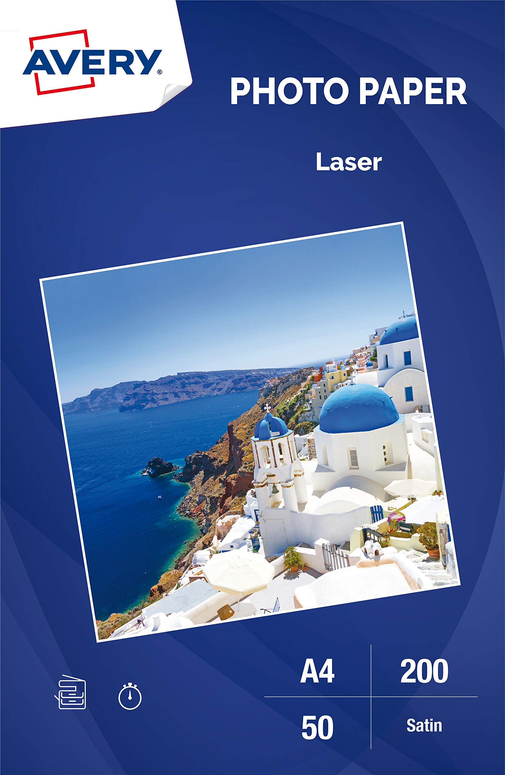 Avery Satin Photo Paper, Laser Printer, Instant Dry, 200g/m², White, 50 Sheets, A4 - C2898-50X