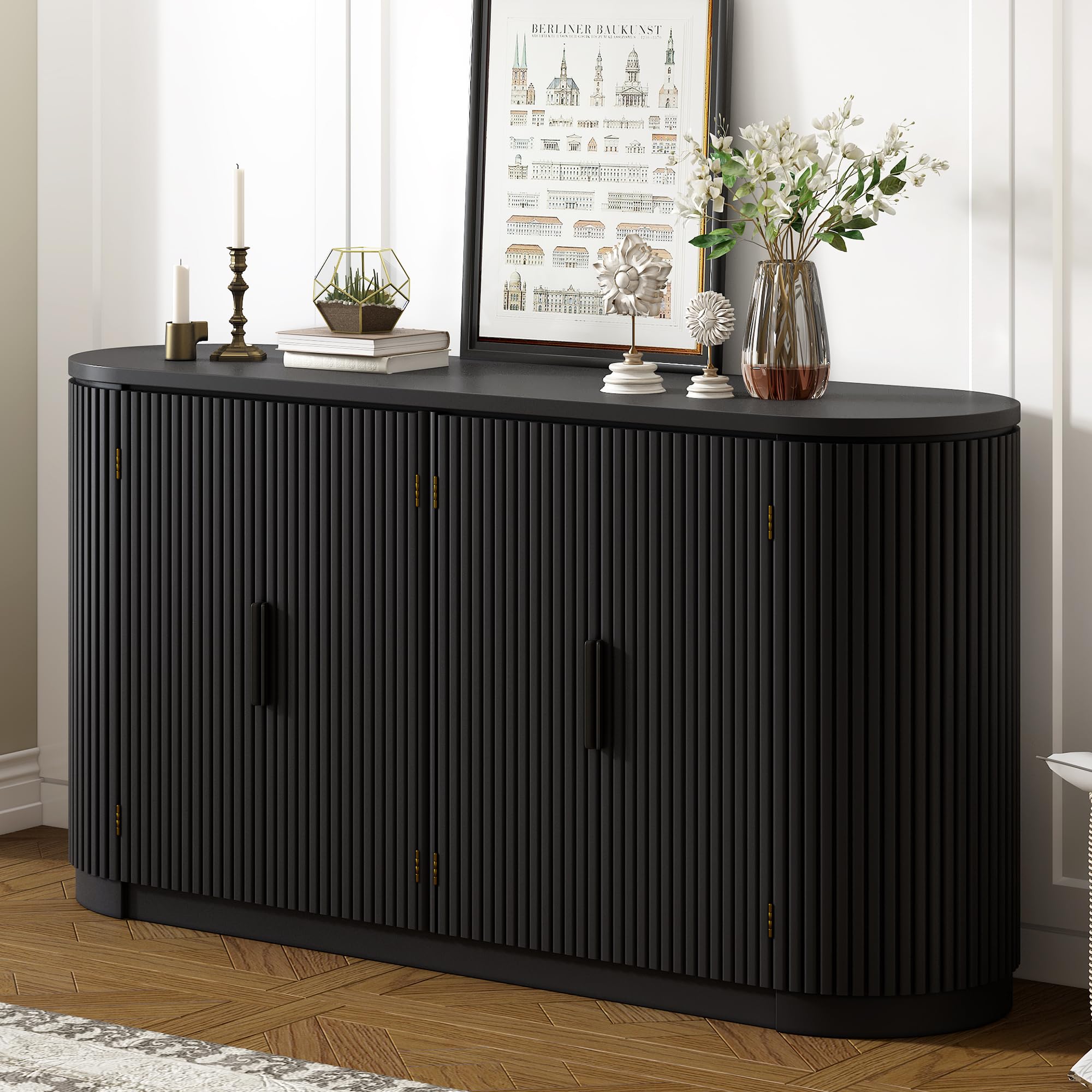 Photo 1 of ***Parts Only**** Merax 63" Large Sideboard, Vertical Striped Storage Cabinet with 4 Door, Metal Handles, Adjustable Shelf, Suitable for Study, Entryway and Living Room, Black