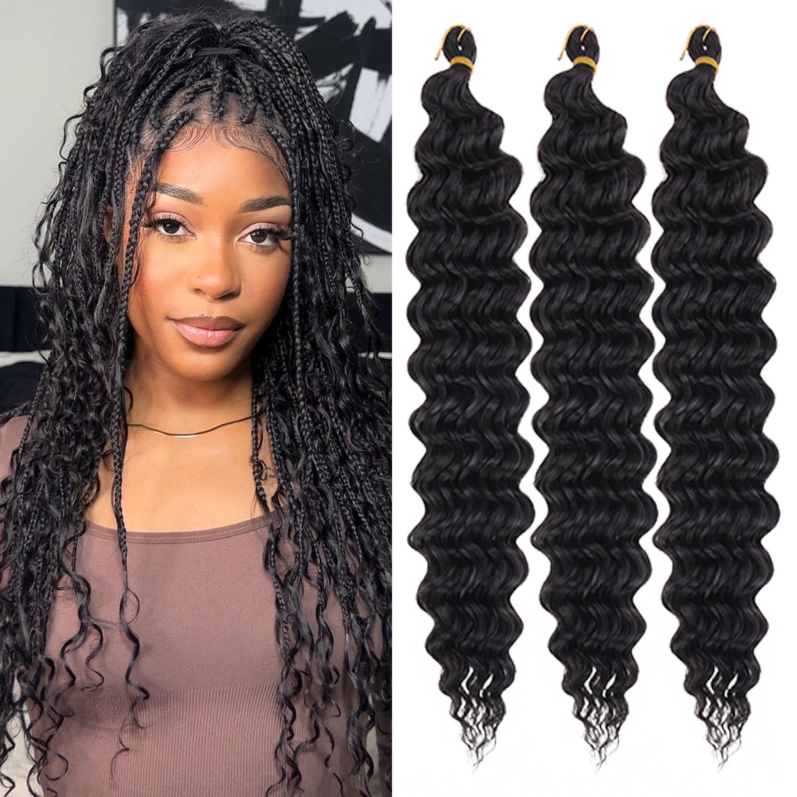 Samtress 18 Inch Ocean Wave Crochet Hair 3 Packs Curly Braiding Hair Extensions Natural Black Deep wave Synthetic hair Curly Braiding for Women (#1B) — image 1