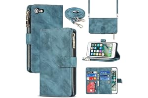 Jaorty iPhone SE 2022/SE 2020/iPhone 8/iPhone 7 Phone Case Wallet for Women Men with Card Holder,iPhone SE 2022 Crossbody Case with Strap Shoulder Lanyard,Zipper Pocket PU Leather Cases,4.7" Blue