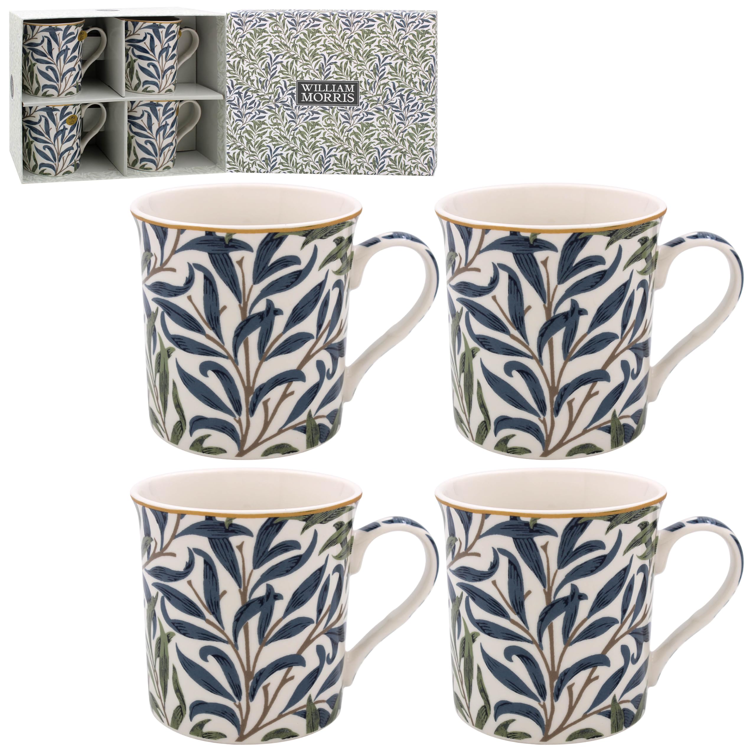 Lesser & Pavey Willow Bough Coffee Mugs Set of 4 | Ceramic for Home Use | William Morris Design for Hot Drinks | Perfect Tea and Coffee Cups for Any Kitchen