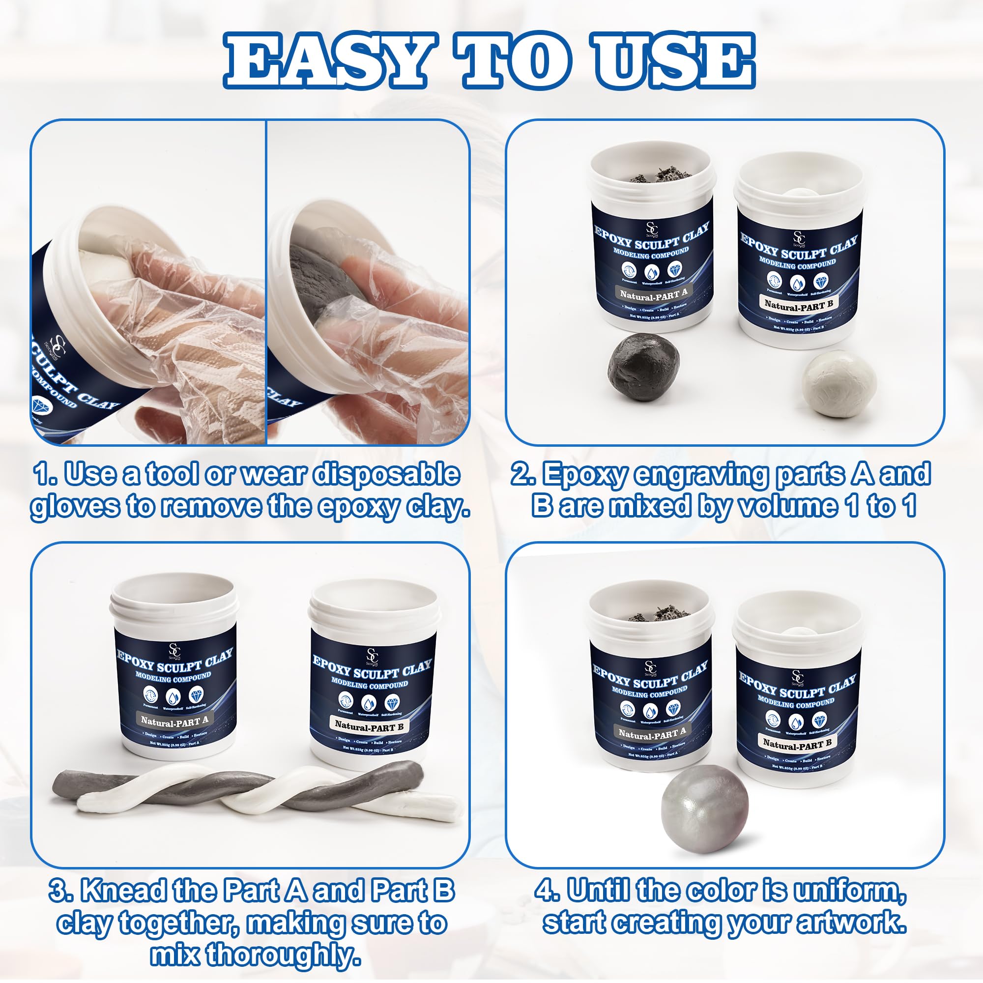 Epoxy Putty Sculpt Clay, 2 Part A & B for Sculpting, Modeling, Building, and Repairing, 1 Pound, Natural
