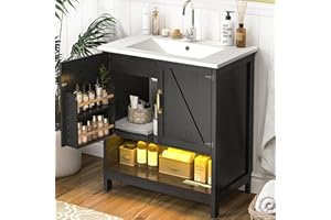 ELEVACHIC 30" Bathroom Vanity with Sink, Modern Bathroom Cabinet with LED Light, Bathroom Vanity Set, Double Soft Closing Cabinet Door with Organizer, Black