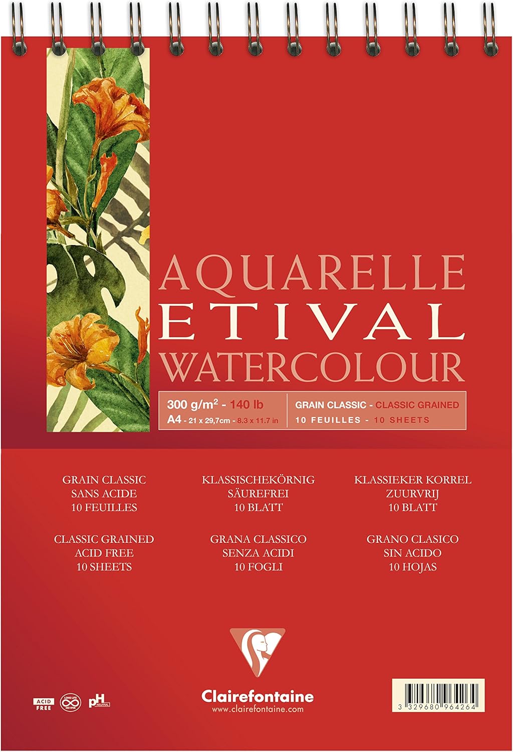 Clairefontaine, Ref 96427C, Etival Classic Grained Wirebound Watercolour Painting & Drawing Pad (10 Sheets of Paper)