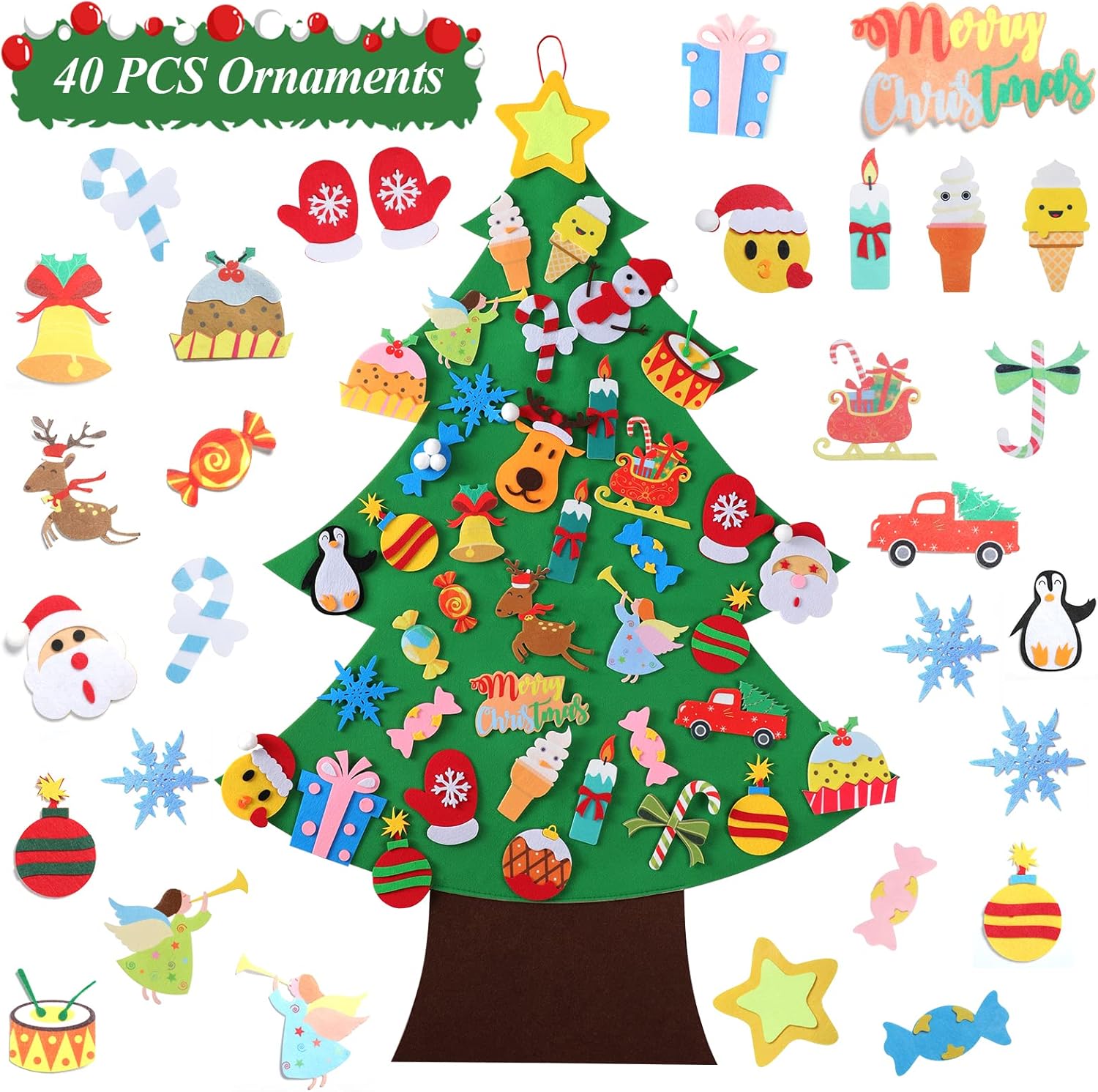 Ornaments - TOBEHIGHER Felt Christmas Tree - 3.5 FT Wall Felt Christmas Tree for Kids with 40 Pcs Ornaments, DIY Xmas Gifts for Christmas Decorations