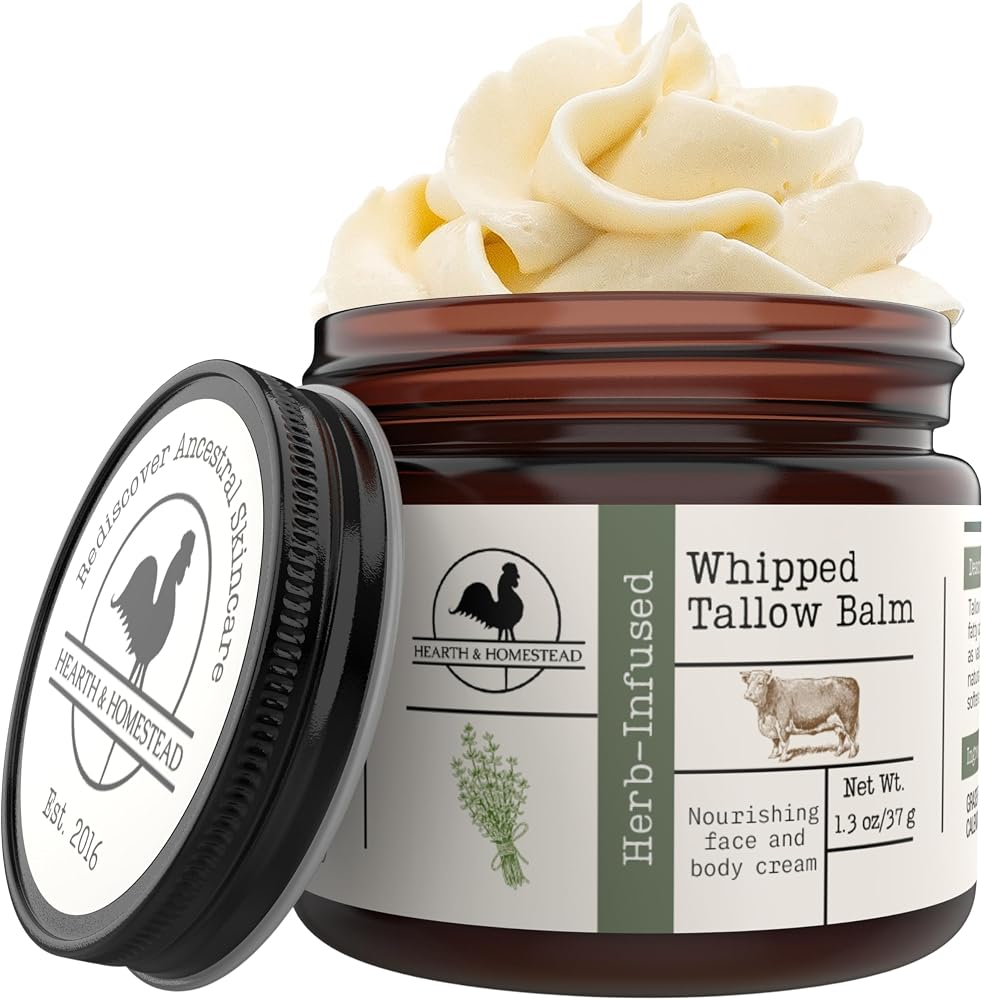 Hearth & Homestead Whipped Beef Tallow for Skin & Face, Unscented, 1.3oz | 100% Grass Fed & Finished, Eczema Cream & Body But