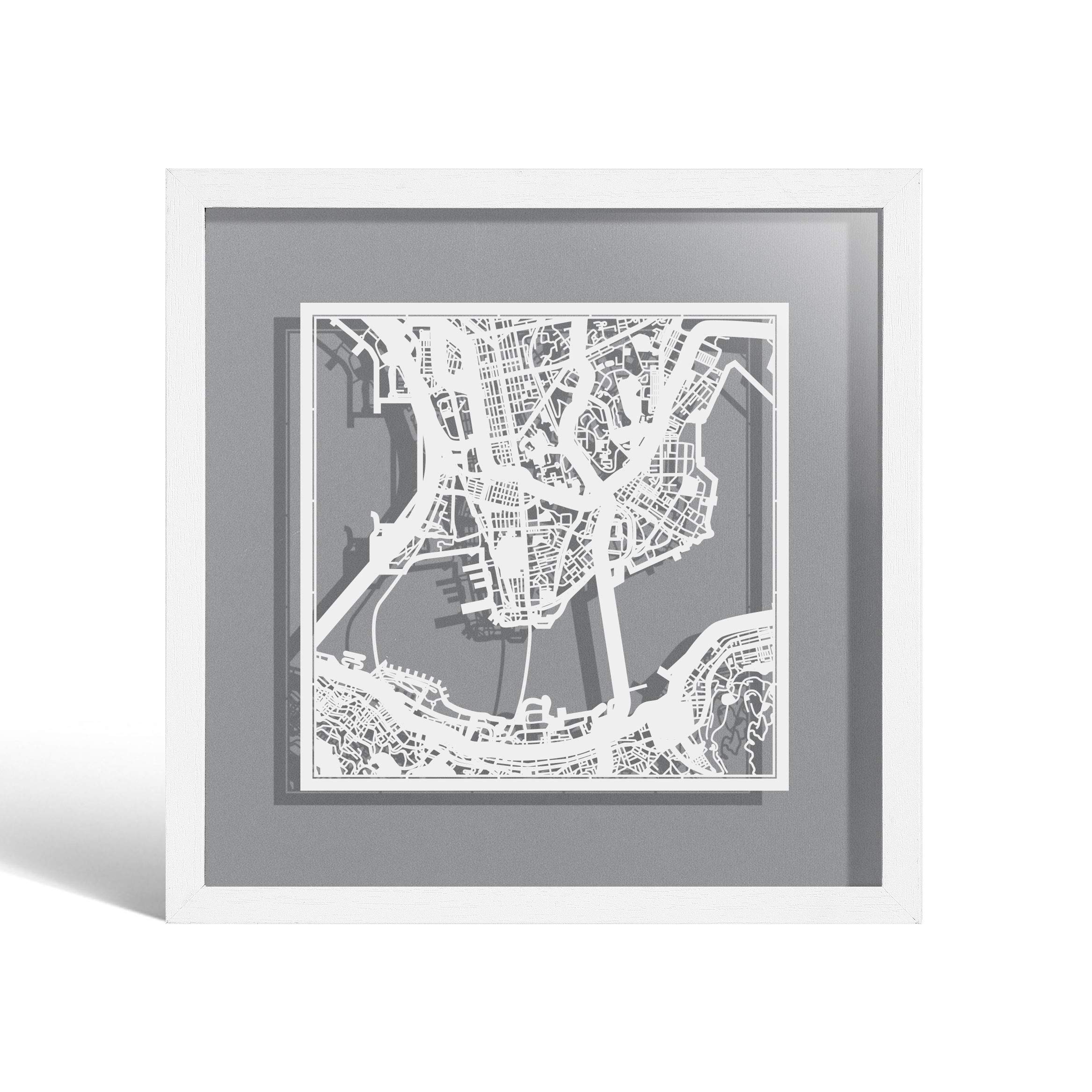 O3 DESIGN STUDIO Hong Kong Paper Cut Map framed, White map, White frame, 9x9 inches, Gift Boxed, 4 background color, self-changing, Paper Art