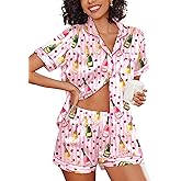 Ekouaer Women's Silk Satin Pajama Set Short Sleeve Pjs Shorts Set Comfy Button Down 2 Piece Sleepwear Loungewear