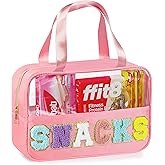 WOPIPAL Snack Bag for Travel, Chenille Letter Clear Makeup Bag, 11.8" x 7.9" Nylon & PVC Waterproof Cosmetic Pouch with Handle and Zipper, Cute Preppy Storage Organizer Pouches for Women Girls (Pink)