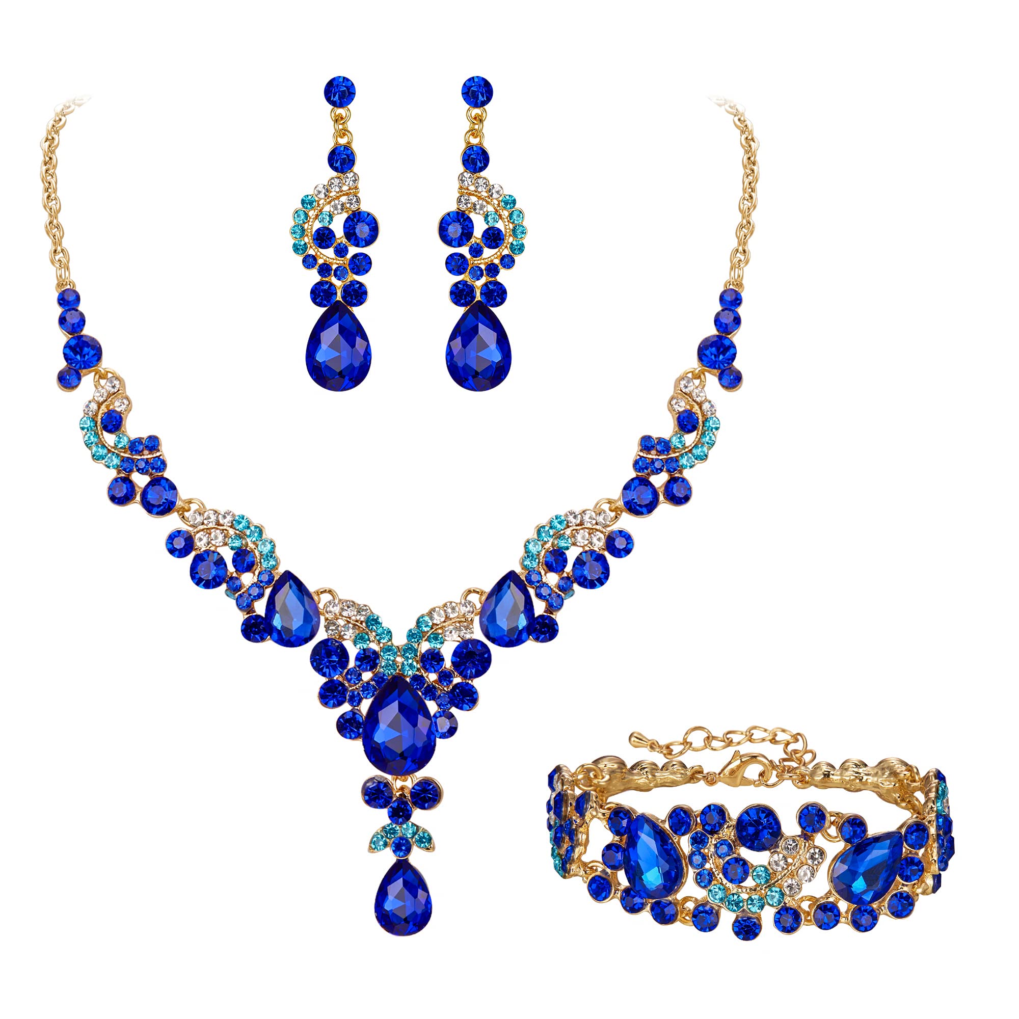 Ever Faith Wedding Jewellery Set for Women, Sparkly Rhinestone Crystal Vintage Floral Teardrop Brides Bridal Necklace Earrings Bracelet Sets Prom Party Costume Jewelry 3 Pcs Blue Gold-Tone