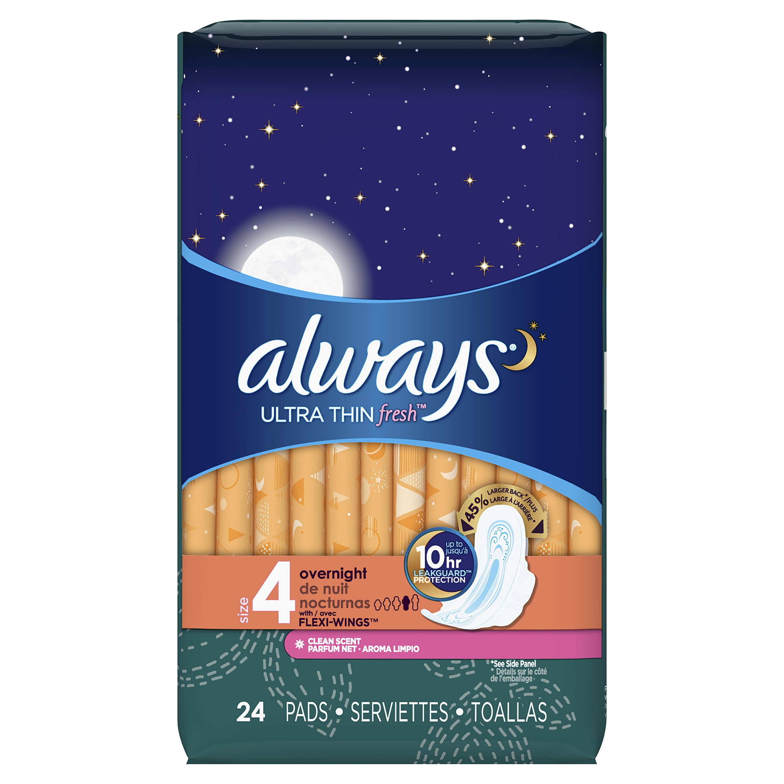 Always Ultra Thin, Size 4, Overnight Pads with Wings, Scented, 24 Count