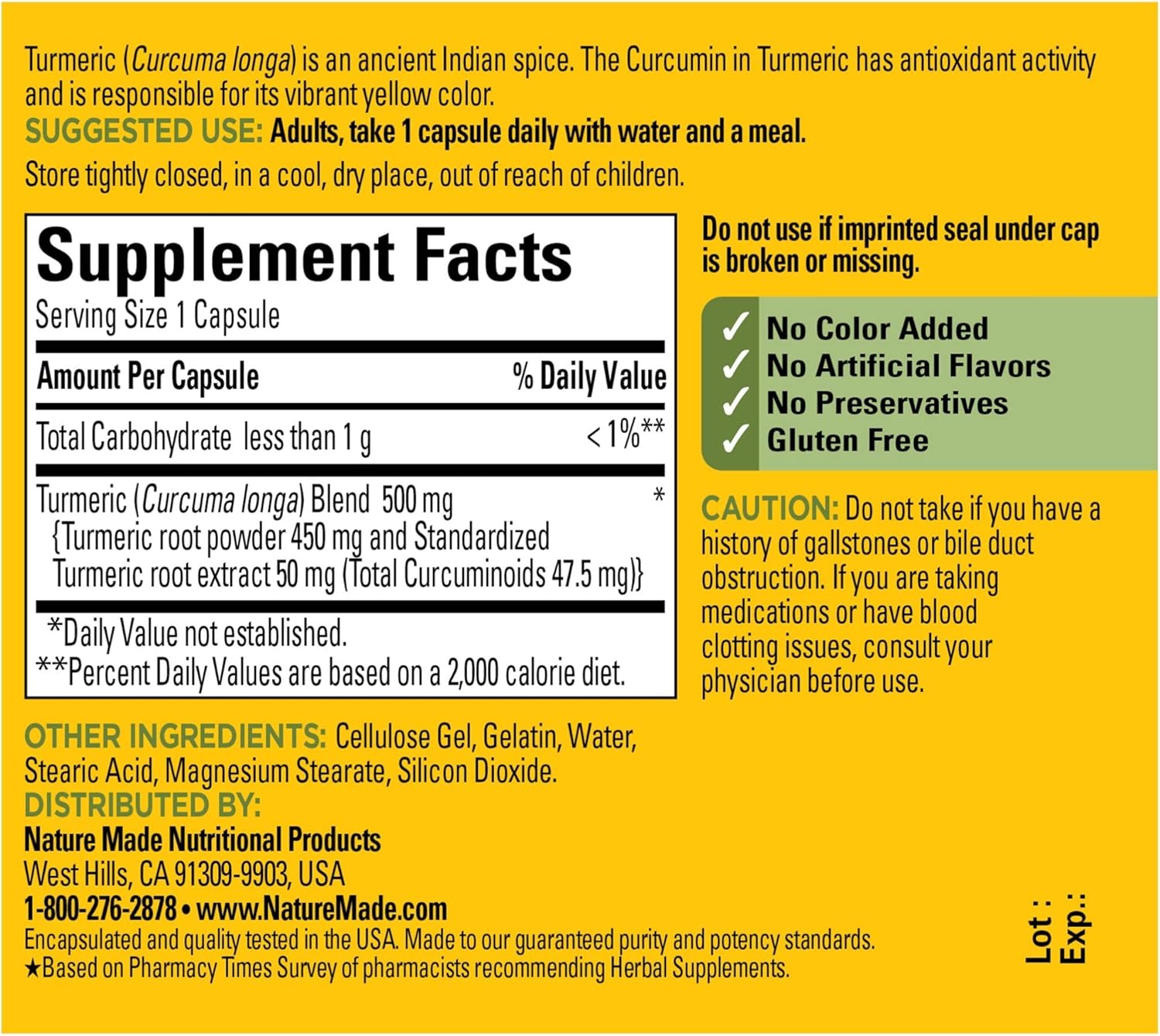 Nature Made Turmeric 500 mg Capsules, 60 Count for Antioxidant Support† (Packaging May Vary): Health & Personal Care