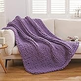 WESHIONGOO Chunky Knit Blanket Throw Knitted Throw Blankets for Couch Bed Fluffy Soft Blanket with Jumbo Chenille Yarn Thick 100% Handmade (Purple, 51"×63")