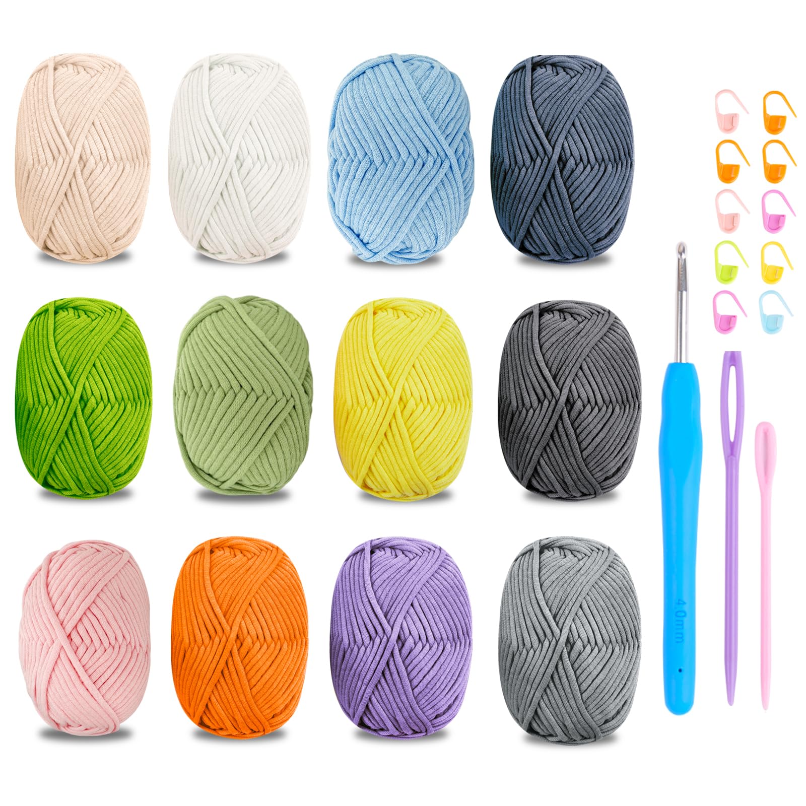 Chunky Cotton Yarn for Crochet, 12x50g Thick Wool for Amigurumi, Easy Crochet Starter Kit with 4mm Hook, Green