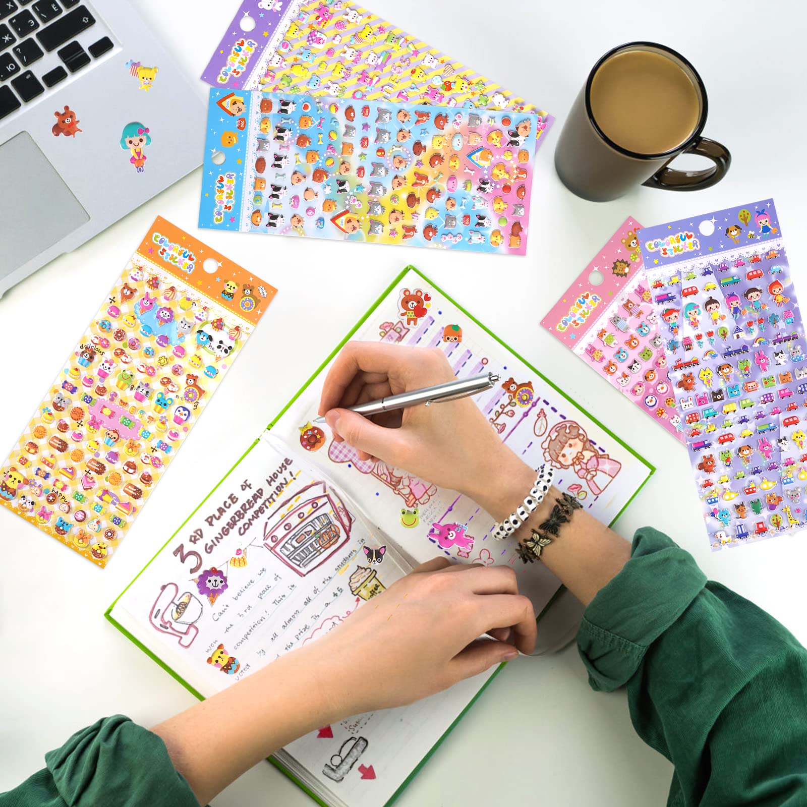 SHANGRLA 870 PCS Cute Mini Puffy Stickers for Kids Girls 3D Small Tiny Stickers Including Cartoon Animals Cat Rabbit Dog Puppy Kitten Bunny Food Donuts Hearts for Adults Phone Case Laptop,8 Sheets.