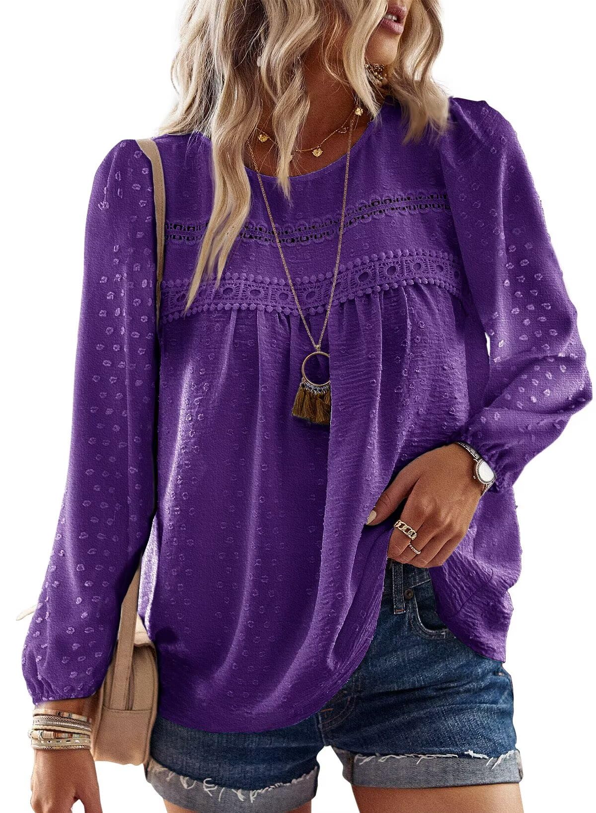 Falechay Womens Fall Tops Round Neck Hook Flower Casual Blouses for Women Dressy Casual Swiss Dot Dark Purple XS Image