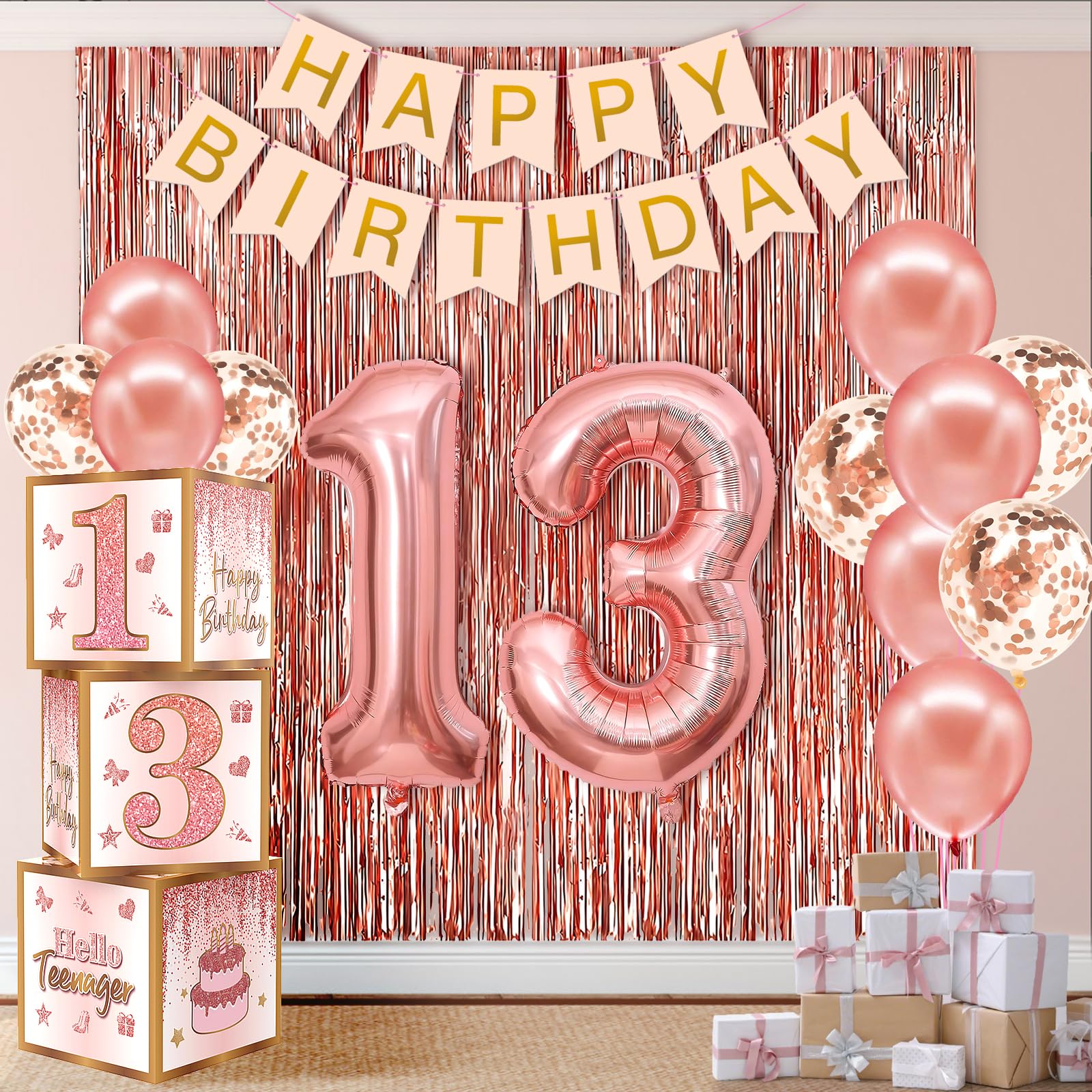 Photo 1 of 13th Birthday Decorations for Girls,13 Year Old Boxes Decor for Girls Women Happy official 13th teenager Birthday Kits Pink Rose Gold Number 13 Foil Balloons Party Supplies Rose Gold Tassel Curtain