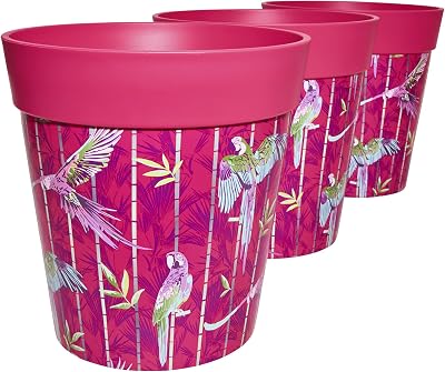 Hum Flowerpots 22cm Set of 3 Pink Parrots Plastic Plant Pots Indoor Outdoor