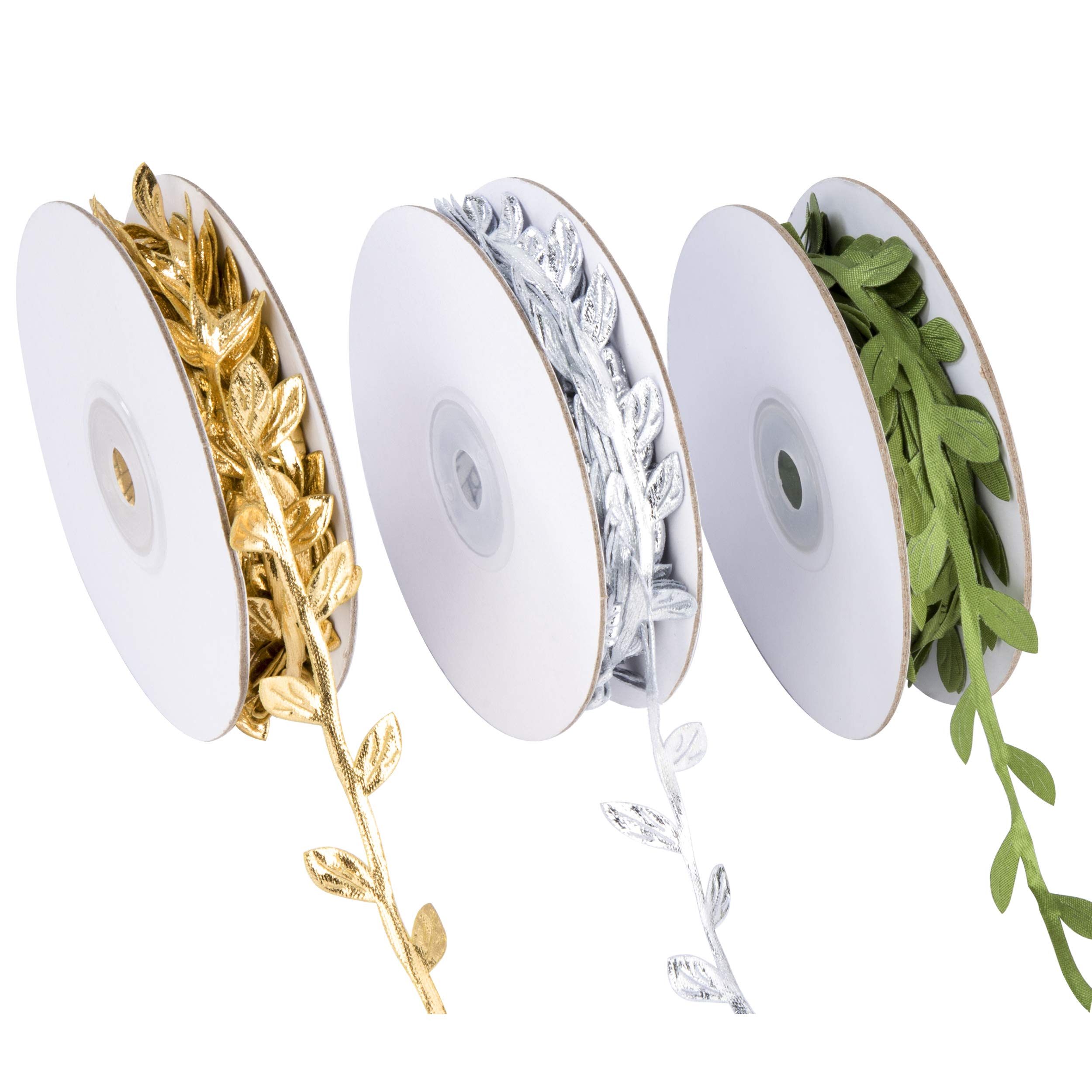 Artificial Vines Fake Hanging Leaf Plant Ribbons for DIY Crafts and Party Wedding Home Garden Decoration 3 Rolls (Gold/Silver/Green