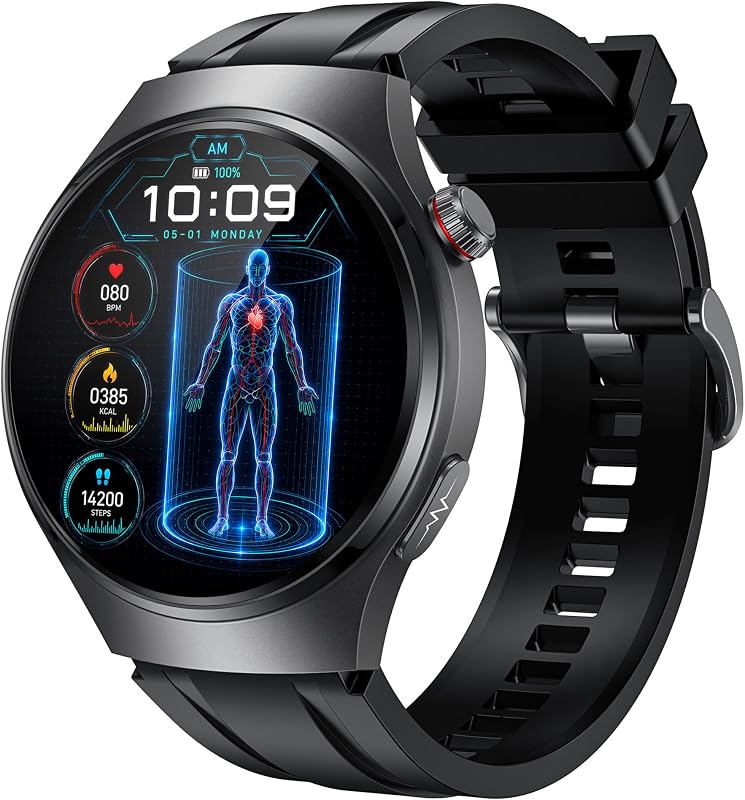 Smartwatch Herren EKG+𝐇𝐑𝐕 Blutdruck Herzfrequenz: Smart Watches Uhr Schwarz 1,43" Rund AMOLED Gesundheitsuhr 𝐄𝐂𝐆 Armbanduhr Wasserdicht Schrittzähler Telefonfunktion Fitnessuhr Uhren Android iOS — Foto 1 von 7