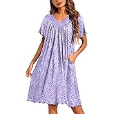 Ekouaer Nightgowns for Women Short Sleeve House Dress with Pockets Pleated Soft Moomoo V Neck Sleepwear