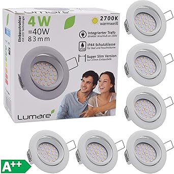 Lumare LED Einbauspot Extra Flach 4W 230V IP44 6er Set (Leuchtmittel austauschbar) 400lm schwenkbar warmweiss für Feuchtraum 