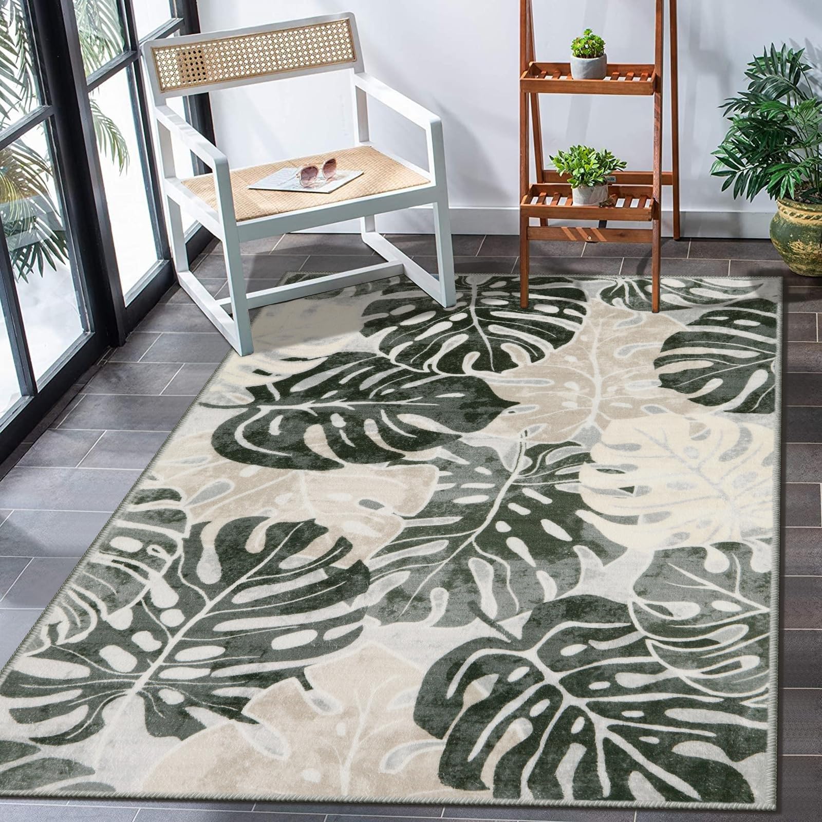 Photo 1 of Wonnitar 3x5 Tropical Washable Rug, Monstera Leaf Bathroom Carpet Non-Slip Living Room Throw Rugs, Soft Low Pile Bath Mat Bedside Floor Carpet for Bedroom Laundry Kitchen Decor, Dark Jungle Green