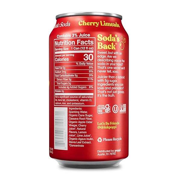 POPPI SPARKLING PREBIOTIC SODA BEVERAGE WITH APPLE CIDER VINEGAR, SELTZER WATER AND FRUIT JUICE, CHERRY LIMEADE FLAVOR, 12 FL OZ, 1 COUNT, PACKAGING MAY VARY