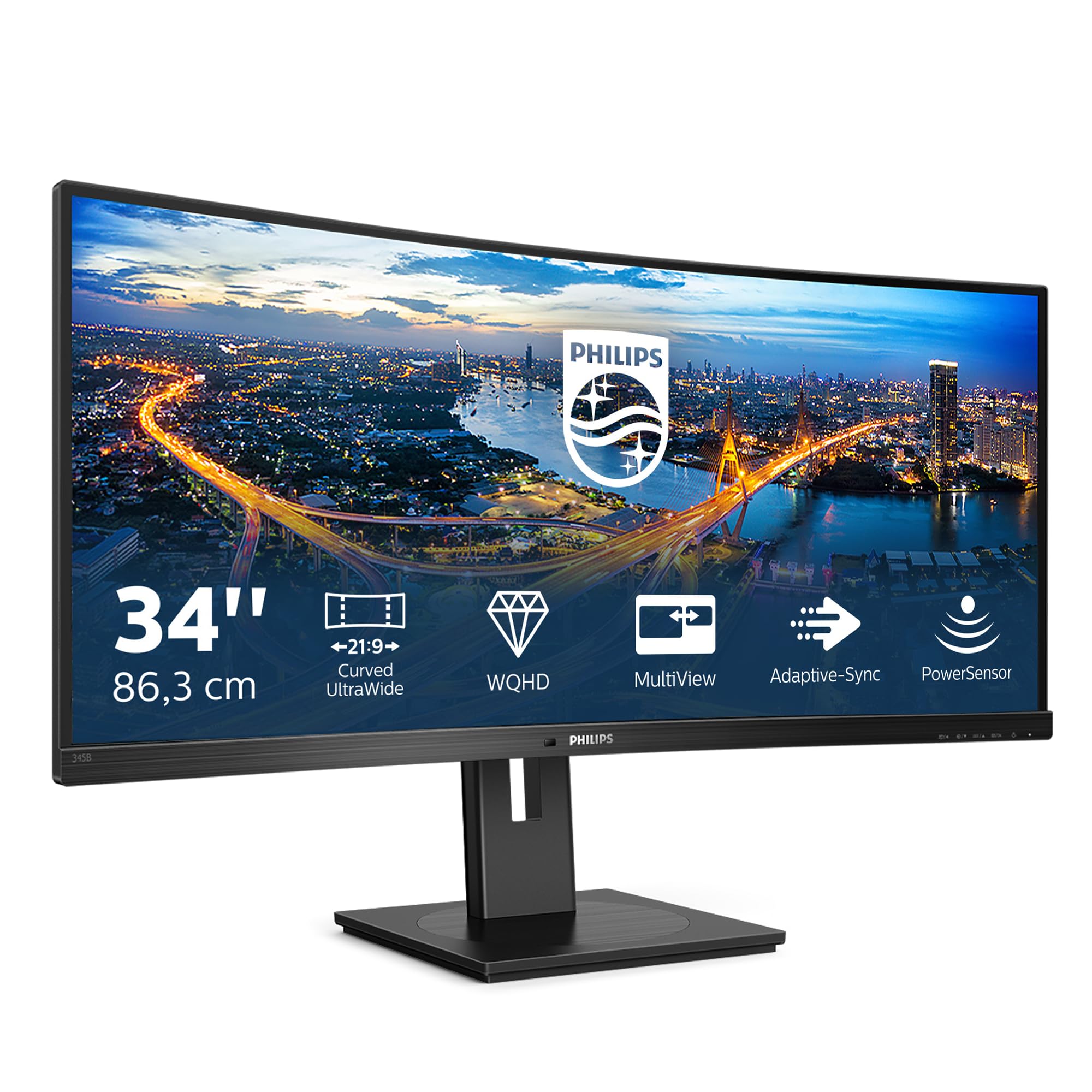 Philips 345B1C - 34 inch Curved WQHD Monitor, 100Hz, 4ms, VA, Speakers, Height Adjust, Power Sensor, USB Hub (3440 x 1440 WQHD, 300 cd/m², HDMI/DP/USB-B/USB 3.2)