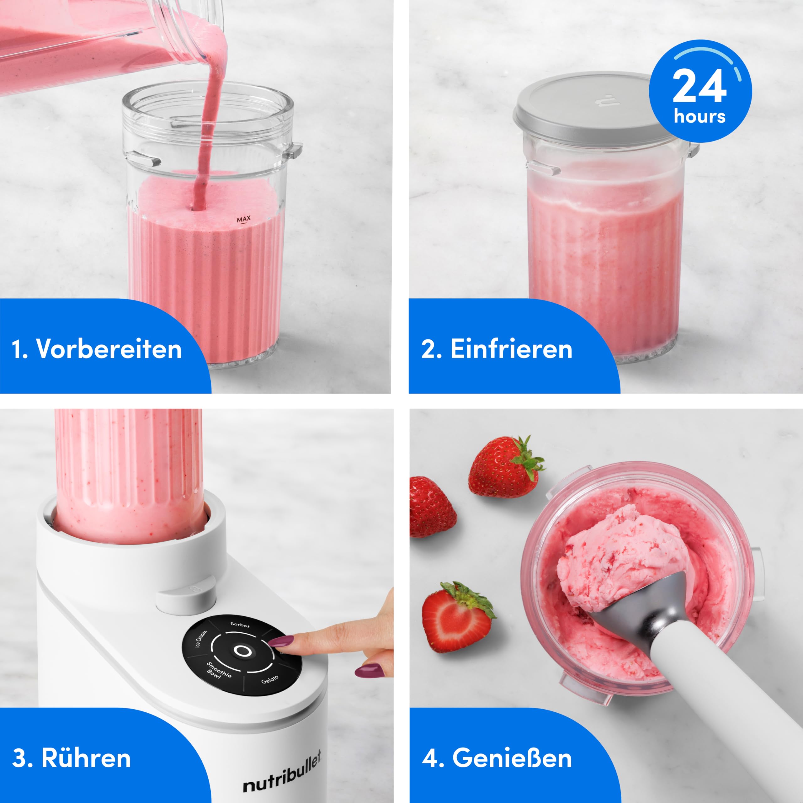 nutribullet Chill – Eismaschine für leckeres Eis, Gelato, Sorbet, Smoothie Bowl und Frozen Yogurt, 5 Automatikprogramme, Eiscreme Maschine, 3 Behälter mit Deckel, ideal für Familien, Weiß (NBD0503W) 8