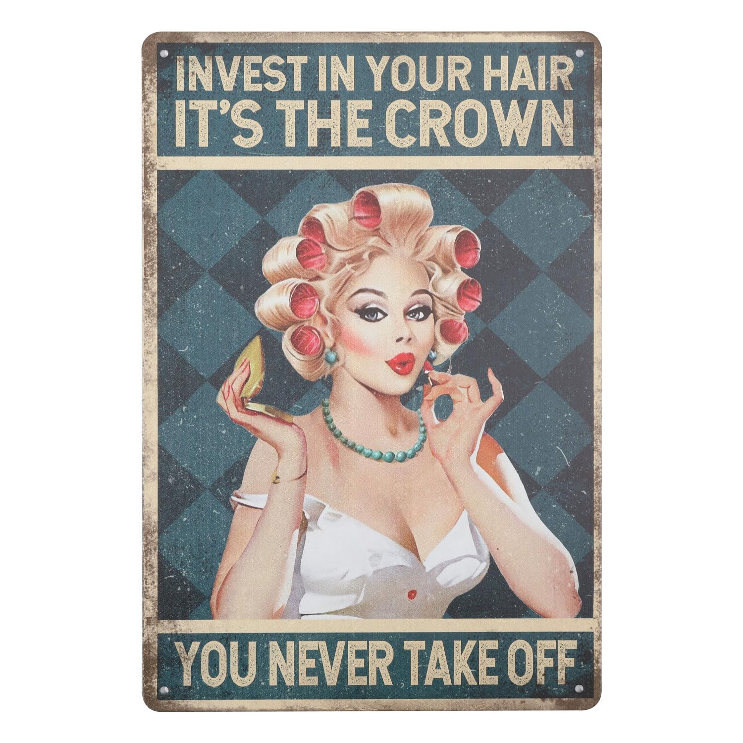 GLOBLELAND Salon Hairdresser Funny Tin Sign Invest In Your Hair It's The Crown You Never Take Off Barber Shop Charming Lady Hairstyling Vintage Tin Sign for Bars Cafe Pubs Barber Shop 11.8x7.8inch