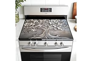 AOHMPT Multi-Design Stove Top Cover for Glass/Electric Stoves - 3-in-1 Heat-Resistant Protector Mat, Non-Slip Drying Rack 28"x20" (Silver-Tree, 28"L x 20"W)