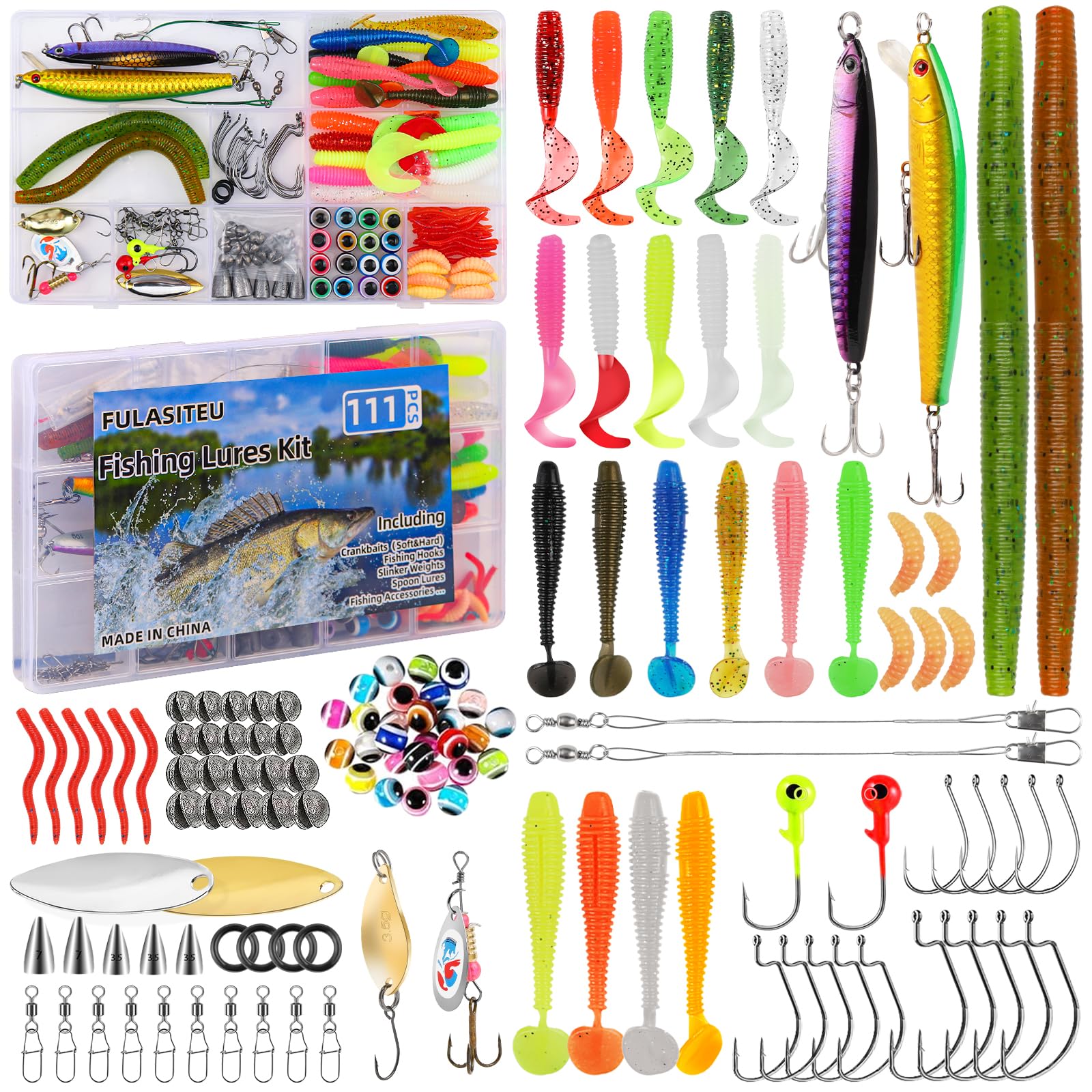 WIURGOHA 111PCS Fishing Lures Kit with Tackle Box for Bass, Trout, Salmon & More, Freshwater Bait Tackle Kit Included, Crankbaits, Spoon Hooks & Accessories, Men's Fishing Lure Gear Set Gifts