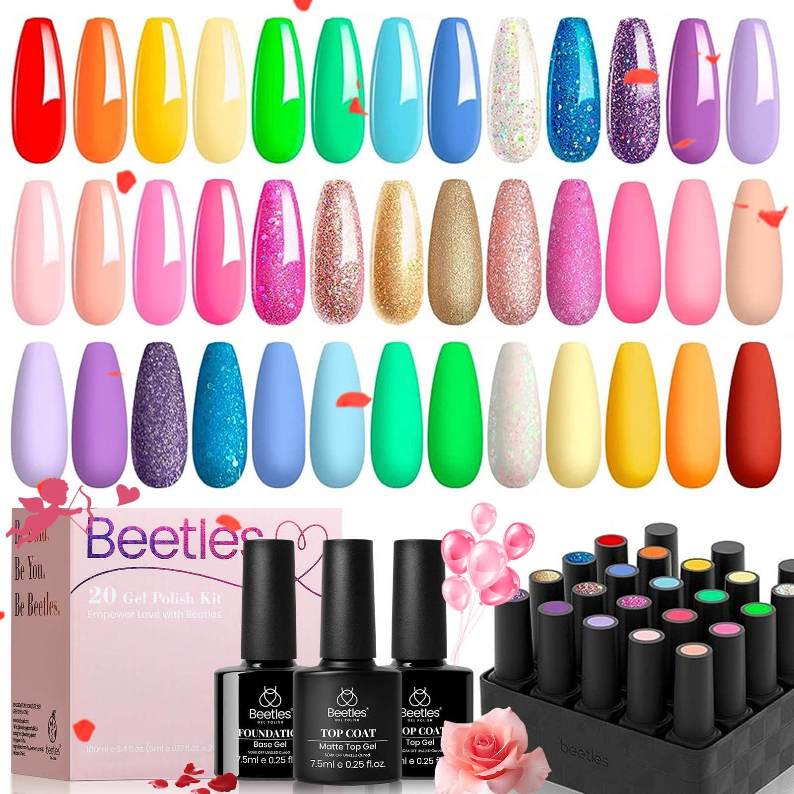 beetles Gel Polish Nail Set, 23 Pcs 20 Neon Colours Rainbow Collection St. Patrick's Day Green Pink Blue Glitter Nude Manicure Kit with 3Pcs Base & Top Coat Uv Lamp Needed Gift Set for Girls