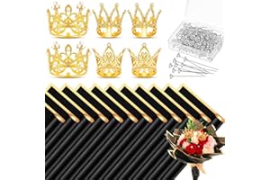 Hinly Flower Wrapping Paper Bouquet Kit with 12 Bouquet Wrap Paper 6 Gold Crowns 200 Bouquet Pins Florist Supplies for Women Wedding Birthday Mother's Day Valentine's Day Bouquet DIY(Black)