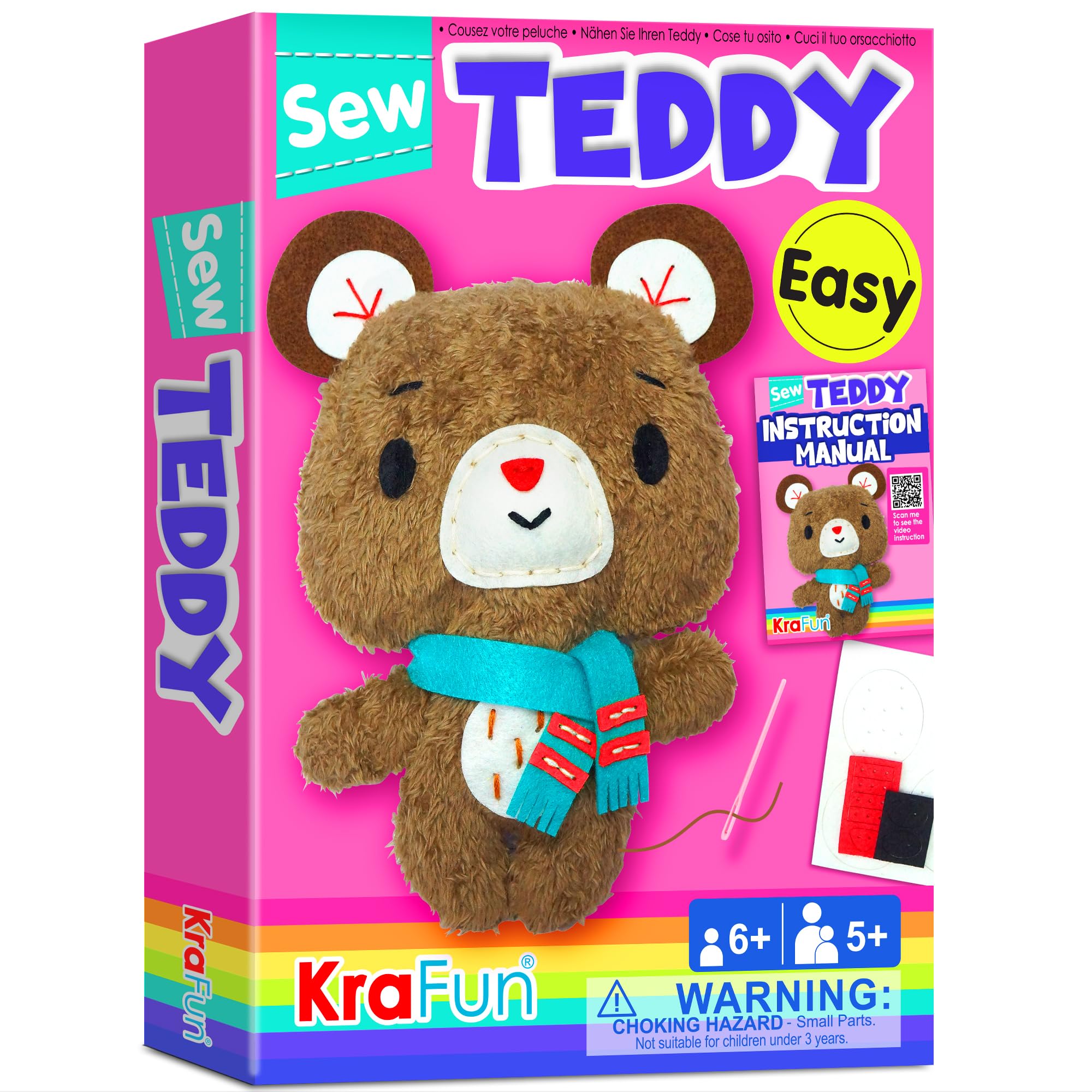 KRAFUN Teddy Bear Sewing Kit for Kids Ages 7-12, Beginner Craft Set with Teddy Bear Stuffed Doll, Plush Felt Materials, Instructions, Embroidery Supplies, Pre-Punched Fabric