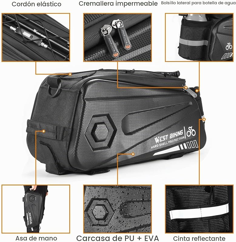 - Bolsa para portaequipajes de Bicicleta, 8,6 L, Doble Cremallera Resistente al Agua, alforja Posterior Impermeable, Bolsa de Carga con Correa y Funda para Lluvia, para Ciclismo