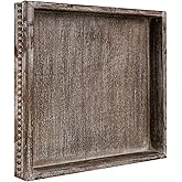 MAONAME Wood Serving Tray, Farmhouse Wooden Tray for Coffee Table, Rustic Square Trays with Beads, Vintage Brown Decorative Trays for Living Room, Kitchen, 12" X 12" X 1.6"