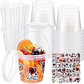 Funnymoom 30 Set Football Clear Plastic Cups with Lids & Straws 24oz Disposable Rum Drink Buckets Bulk for Cocktail Parties with Handles & Stickers for Holiday Birthday Beach Pool Party Supplies