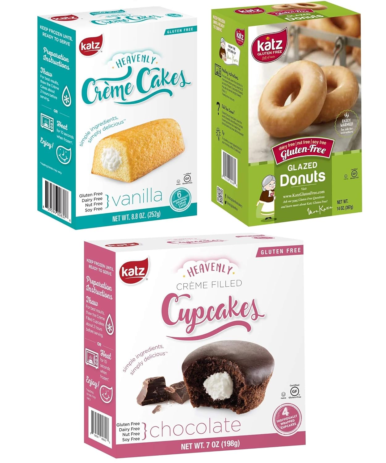 Katz Gluten Free Snacks Top 3 Sellers Variety Pack | Gluten Free, Dairy Free, Soy Free, Nut Free | Glazed Donut, Vanilla Creme Cake, Chocolate Creme Cupcake | Kosher (1 Pack of each, 3 Total)