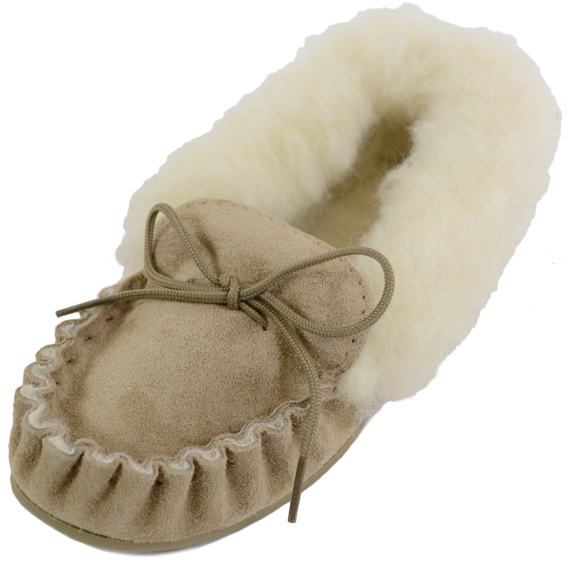 Ladies Beige/Camel Suede Moccasin Slippers with Wool Lining, Wool Cuff and Rubber Sole. Made in UK. Size 4